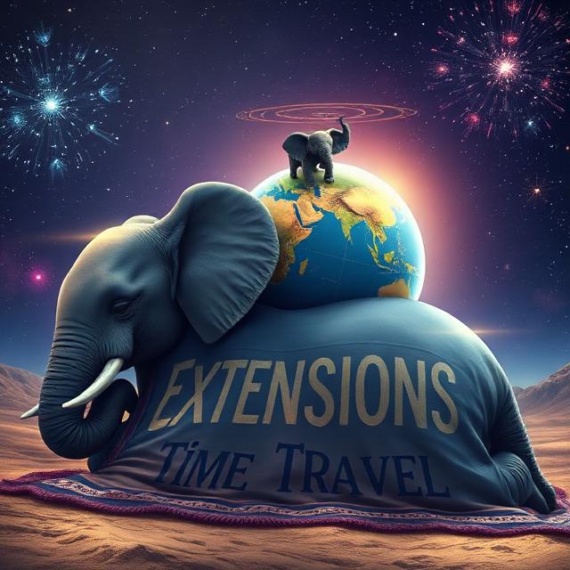 Elephant sleeping in a room with a blanket engraved with words Extensions, Time Travel holding  a baby elephant on its back that is holding a big globe with planets circling